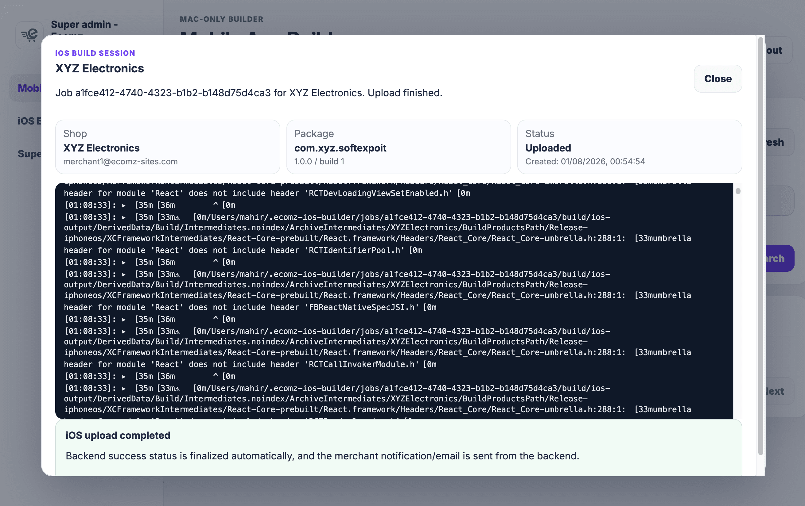 Ecomz Mac app iOS build session showing App Store Connect upload completed and backend success status finalized automatically