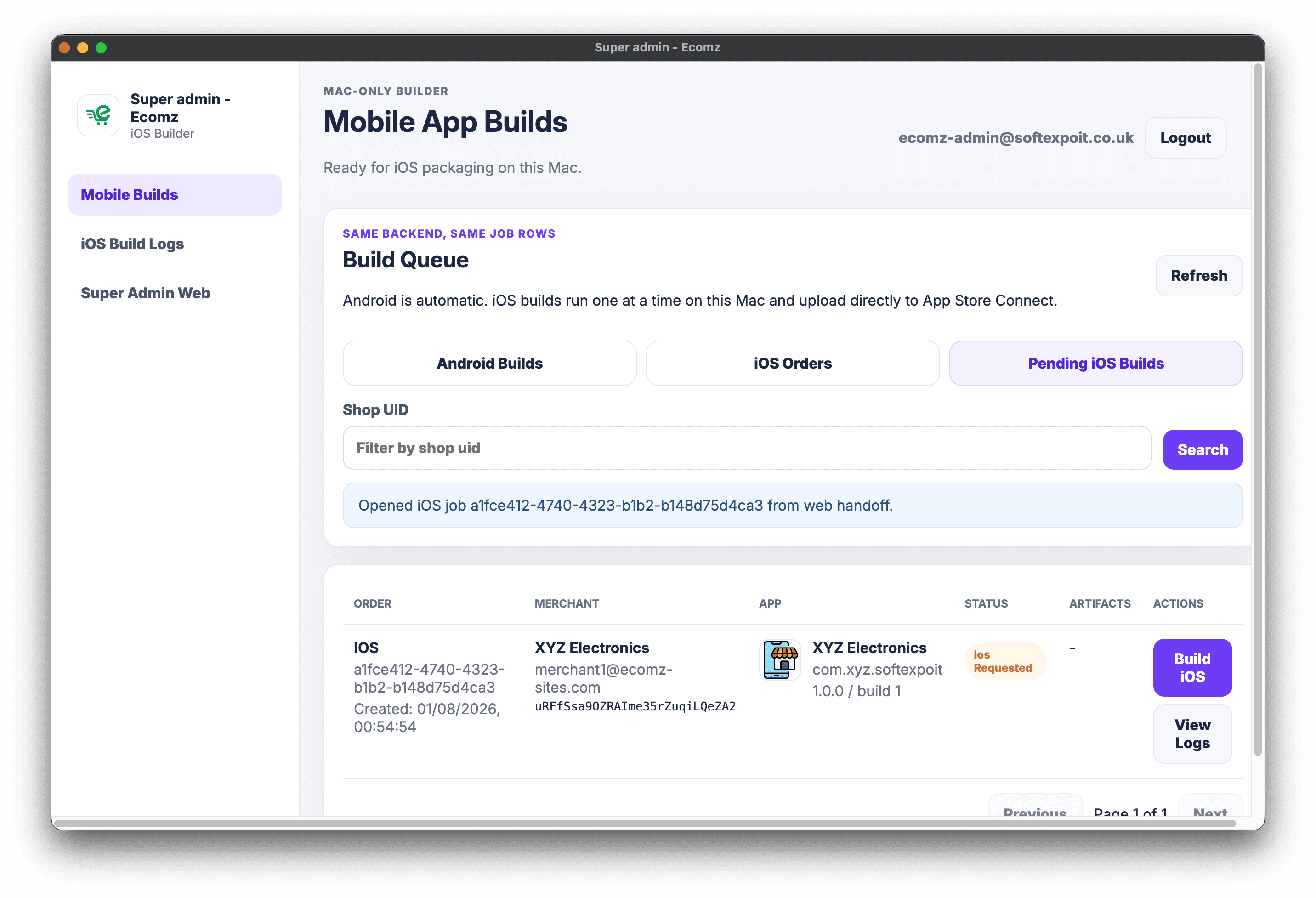 Ecomz Mac app showing mobile app builds, Android builds, iOS orders, pending iOS builds, and one-click Build iOS action
