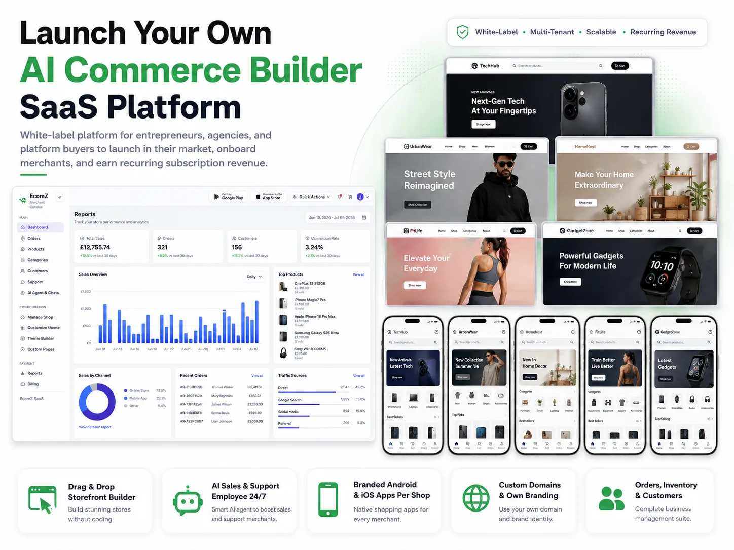 Ecomz white-label AI commerce builder SaaS platform with platform owner dashboard, merchant storefronts, branded shop apps, and recurring revenue tools