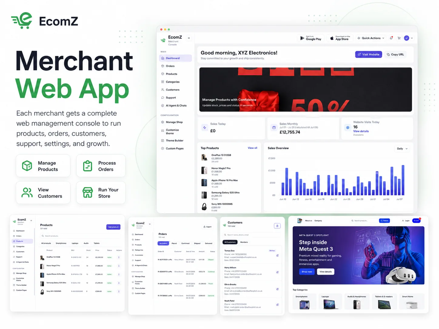 Ecomz merchant web app showing dashboard, products, orders, customers, and storefront controls for white-label merchants