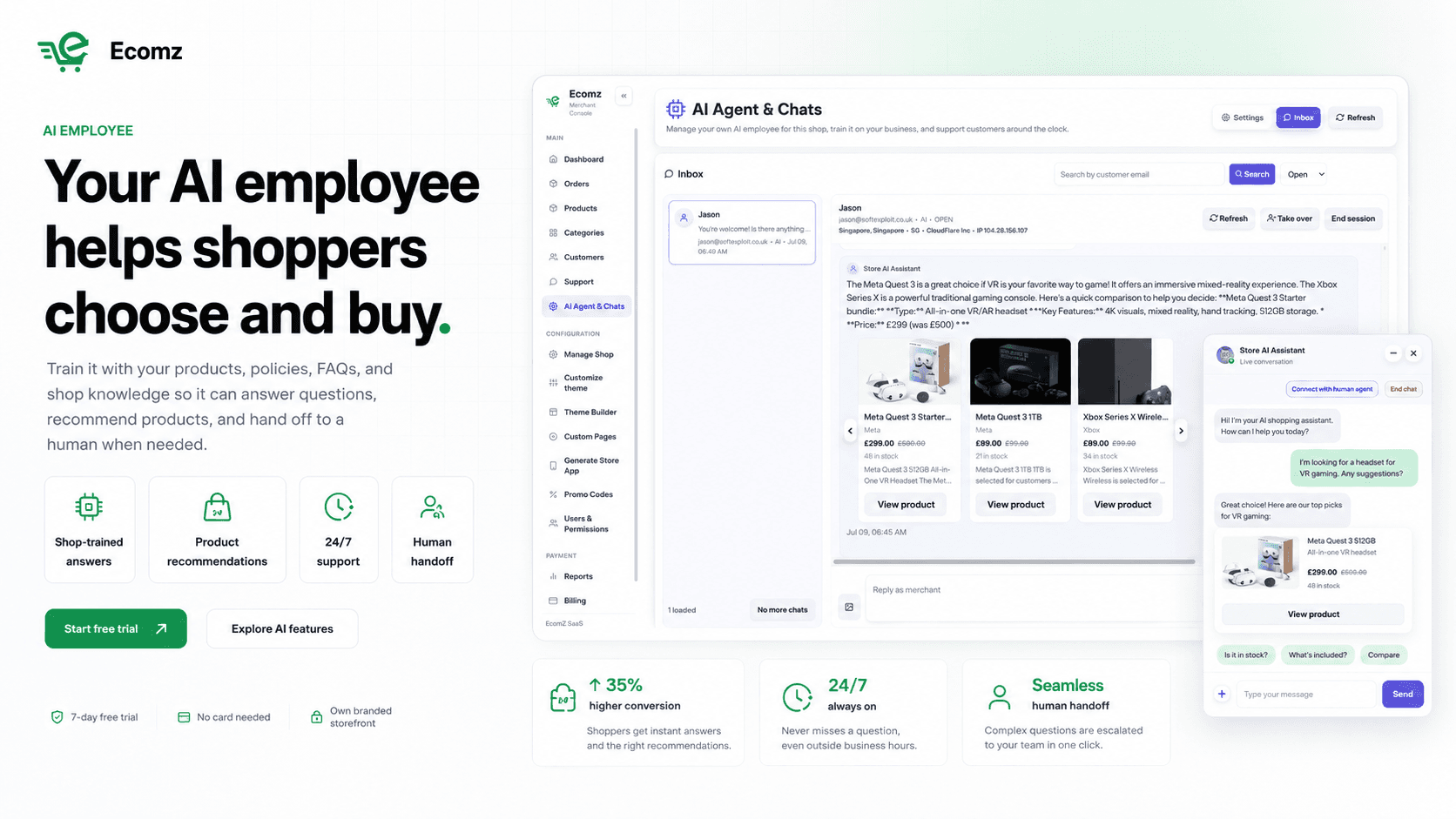 Ecomz AI employee sales and support dashboard with customer chat and product recommendations